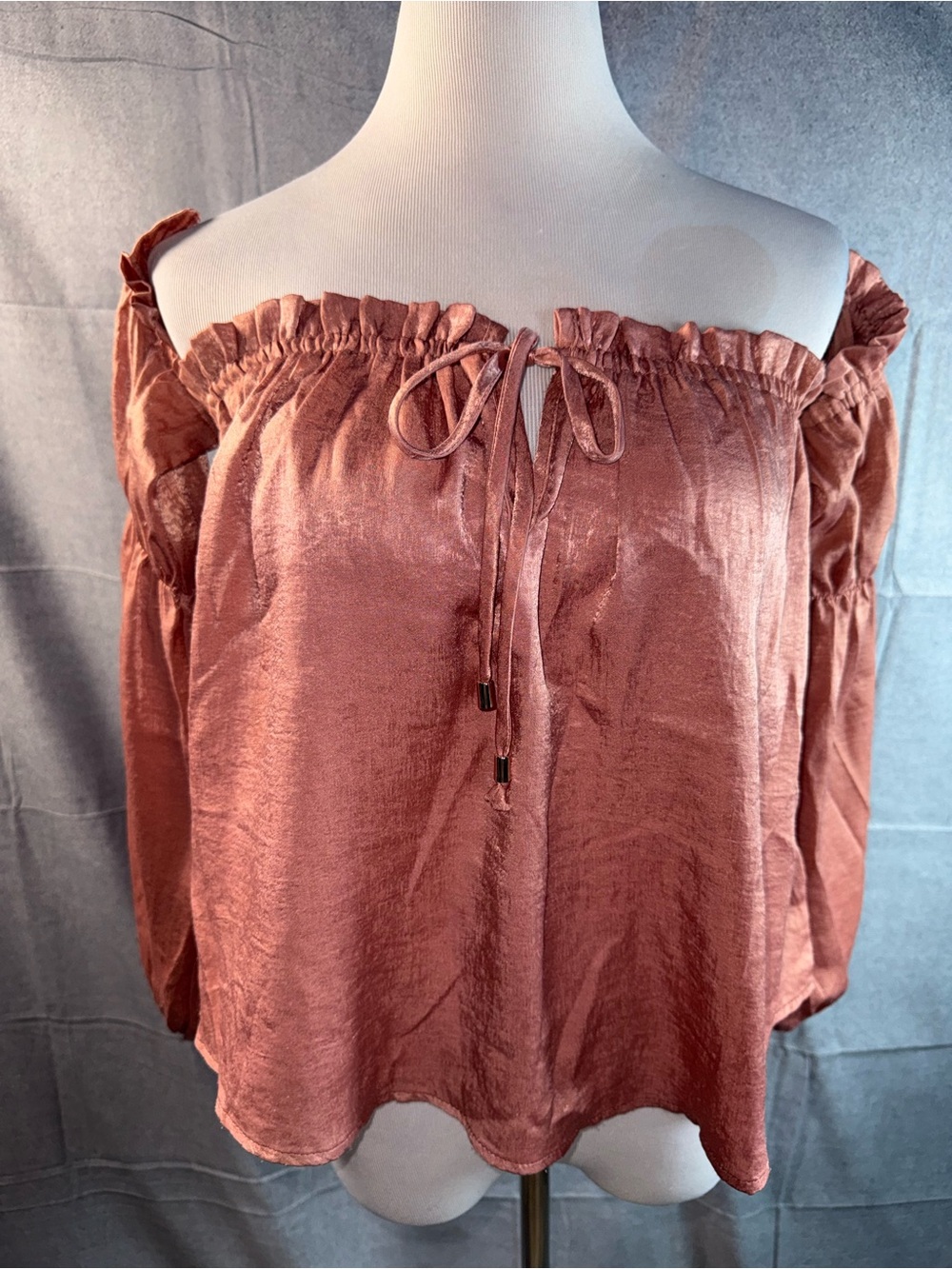 2367-Gianni Bini Off-Shoulder Satin Blouse in Rust